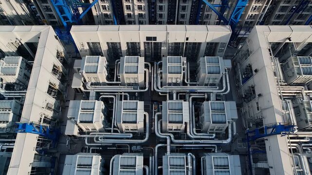 Industrial air conditioning cooling system on rooftop of modern building top down aerial view drone footage