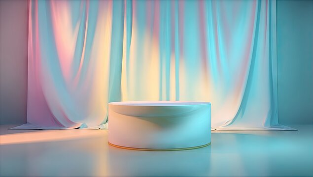 Stage backdrop with soft lighting and empty pedestal for display.