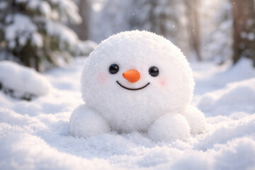 Cute snowman in the winter forest.
