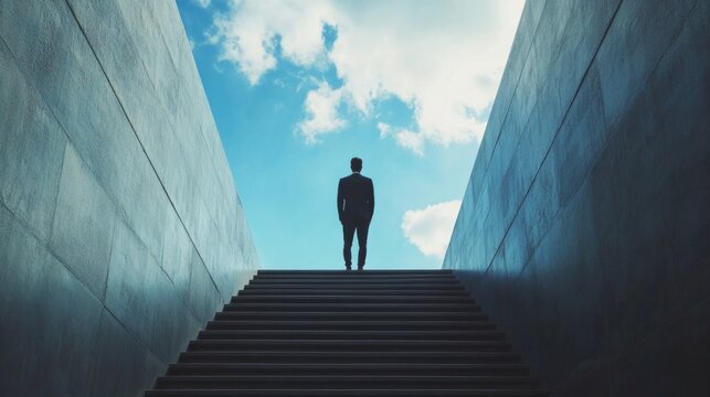 Man on top of a ladder, blue sky in front of him generative ai