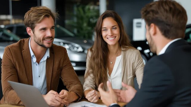 Sales consultant provides expert guidance to couple selecting a vehicle in a modern dealership setting
