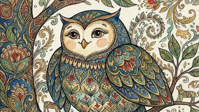Animated sequence of ornate owls perched on tree branches with floral patterns. Decorative bird illustrations in intricate fantasy style for nature themed art and animation concepts.