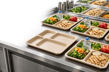 A line of trays with healthy food in the dining room. Space for text.
