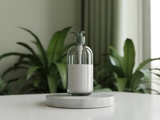 Clear glass cosmetic pump bottle mockup on a minimalist pedestal with green plant background
