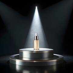 A luxurious golden product bottle showcased prominently on a stylish podium under dramatic spotlights