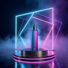 A modern cosmetic product bottle displayed on a podium with neon geometric frames and a smoky atmosphere