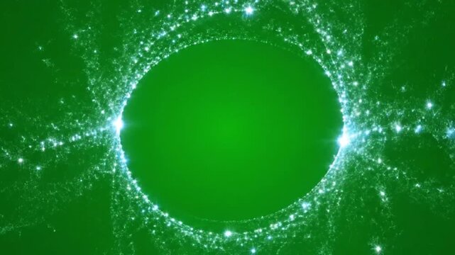 Magical glowing particles forming an ethereal oval portal on a vibrant green background