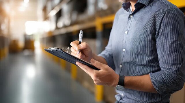 Logistics small business man reviewing checklist in a warehouse during daylight hours