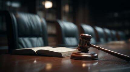 Judicial gavel on courtroom bench with ornate chairs