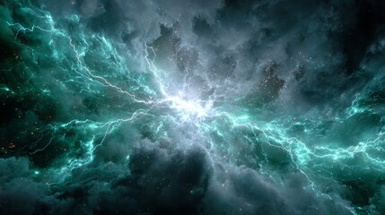 Dramatic lightning storm inside turbulent teal clouds
