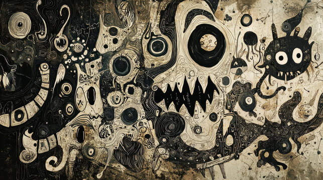 abstract shapes that morph into playful characters, fantasy symbols, and quirky doodles