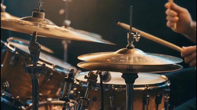 Close-up of Drum Kit with Dynamic Cymbal Action and Energetic Rhythmic Movements
