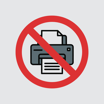 No printing sign with a printer icon crossed out by a red circle, symbolizing a forbidden or restricted printing action or unavailable service.