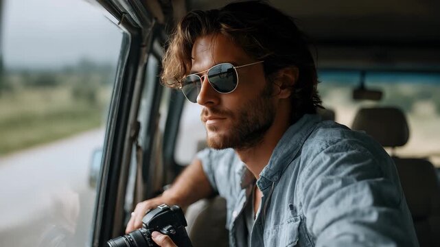 Male traveler blogger captures scenic views from van while exploring countryside on an overcast day