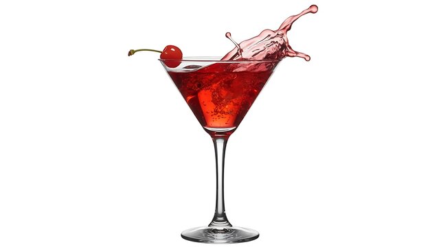 Vibrant red cocktail splashing in elegant martini glass with cherry