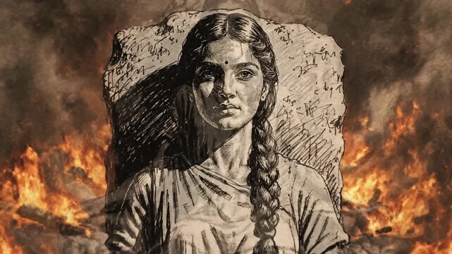 A vintage-style illustration depicts a stone throne with intricate carvings. A woman with braided hair sits regally on the throne, amidst a backdrop of intense flames and billowing smoke.