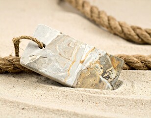 Close-up of a weathered rectangular stone tag strung with a rustic rope lying on fine sand. Sandy backdrop