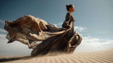 A woman moves swiftly over the soft sand of a desert. Her dress flows behind her as the sun shines brightly. The sky is blue with some clouds in the distance.