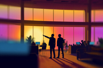 a blurred image depicts two silhouetted figures standing in a modern office space with colorful warm lighting and blurred coworkers © PixelNest_Studio