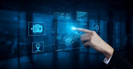 Technical layout of electric vehicle showing battery system, power control, traction motor, charging interface, and integration with renewable and smart energy sources Vouch