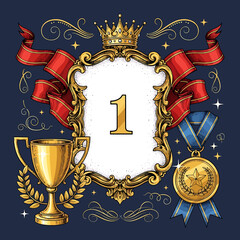Ornate golden frame with a number one, crown, trophy, and medal, symbolizing unparalleled success, top achievement, and victory