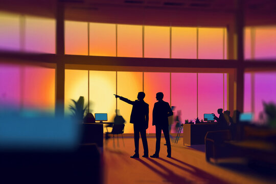a blurred image depicts two silhouetted figures standing in a modern office space with colorful warm lighting and blurred coworkers