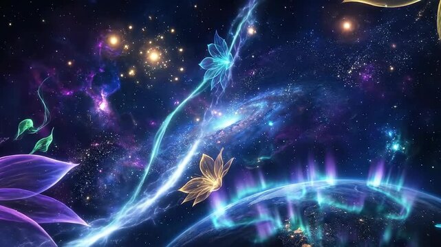 Glowing neon flowers twisting through cosmic space. Mystical floral vines in starry nebula background. Ethereal holiday magic blending mysticism and cute vibes for christmas eve and new year