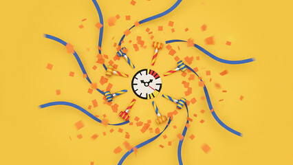 Countdown clock signifies party time with streamers and festive noise makers celebration