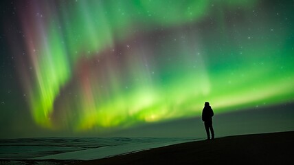 Person watching stunning green and purple aurora borealis at night