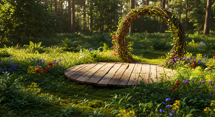 A sunlit forest clearing with a wooden platform at center, surrounded by lush foliage, a circular arch, and colorful wildflowers