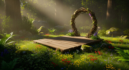 A sunlit forest clearing with a wooden platform at center, surrounded by lush foliage, a circular arch, and colorful wildflowers