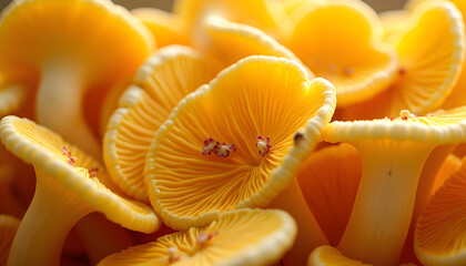 Digitally enhanced macro photo of mushroom gills in warm yellow tones with radiant light, abstract organic texture and modern aesthetic design