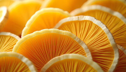 Digitally enhanced macro photo of mushroom gills in warm yellow tones with radiant light, abstract organic texture and modern aesthetic design