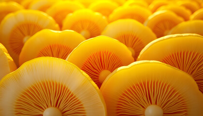 Digitally enhanced macro photo of mushroom gills in warm yellow tones with radiant light, abstract organic texture and modern aesthetic design