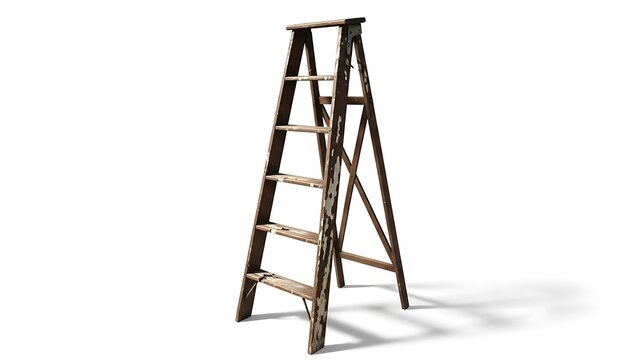 Vintage A-Frame Wooden Stepladder with Weathered Finish and Paint Splatters Isolated on White Background
