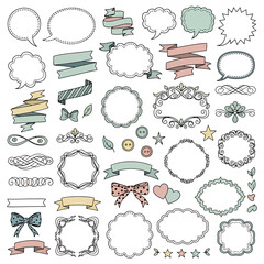 Versatile Collection of Doodle Style Embellishments Including Frames, Banners, and Speech Bubbles for Creative Graphic Design