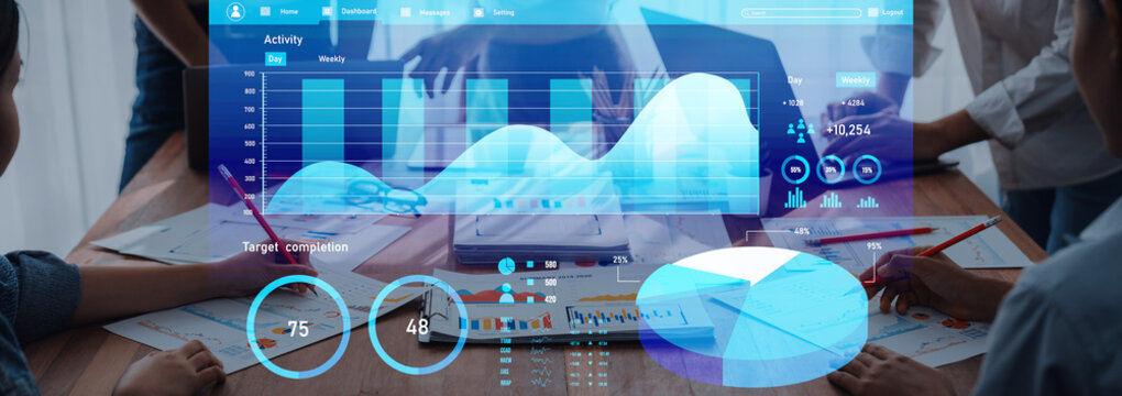 Modern data analytics dashboard showcasing graphs and charts in a collaborative office setting, perfect for business insights, team meetings, and decision-making processes. Axiom - Powered by Adobe