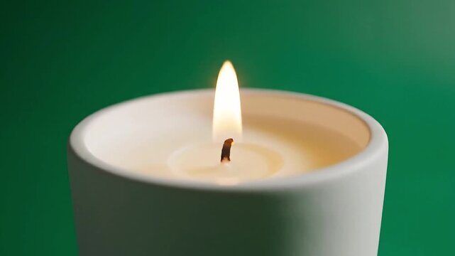 Warm glowing candle flame flickers gently in a simple white holder against a vibrant green background