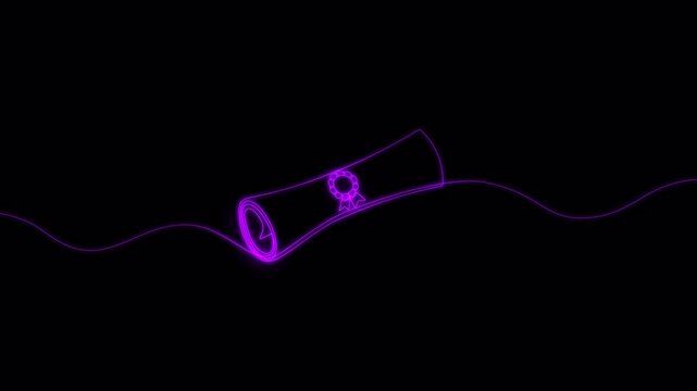 Video. Continuous neon drawn one line, certificate or diploma with award icon. Paper with academic scroll drawn in one line. Animation on a black background 4K.