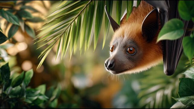 Close-up of a bat hanging from branches in a tropical forest  