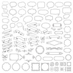 Versatile Collection of Hand-Drawn Graphic Elements, Featuring Outline Speech Bubbles, Elegant Ribbons, Decorative Frames, and Ornate Borders for Creative Design Projects