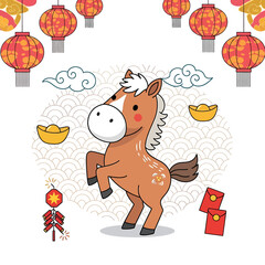 Vibrant Lunar New Year illustration a cheerful cartoon horse, surrounded by traditional symbols of prosperity and good fortune