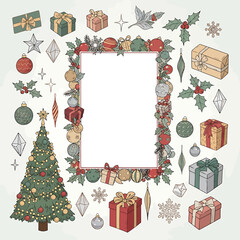 Charming Hand-Drawn Christmas Holiday Elements Collection with Festive Frame, Decorated Tree, Gift Boxes, and Ornaments for Winter Celebration Design