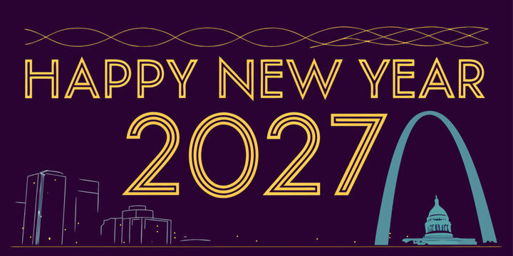 USA, US, U.S, United States - Happy new year 2027 st. louis skyline with gateway arch illustration st louis line art celebration greeting invitation new beginnings midnight
