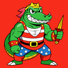 Fototapeta premium Muscular cartoon alligator wearing patriotic outfit with sword