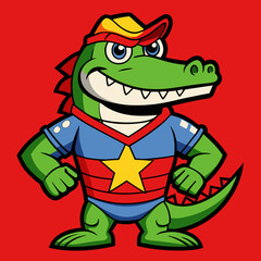 Cartoon alligator wearing red cap and blue jersey with star