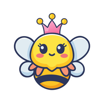 Cute queen bee cartoon character with pink crown