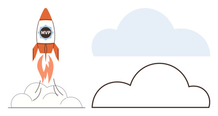 Rocket labeled MVP launching amidst billowing smoke, ascending past light clouds. Ideal for startup growth, innovation, product launch, entrepreneurship, success, speed, ambition simple flat metaphor © robu_s