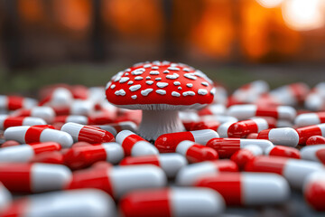 Red amanita mushroom amidst white and red capsules in a forest setting, microdosing