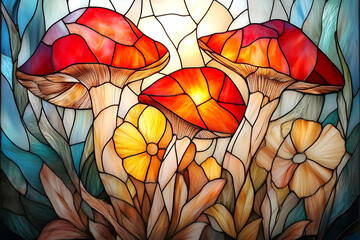 Vibrant red amanita mushrooms in stained glass with floral accents